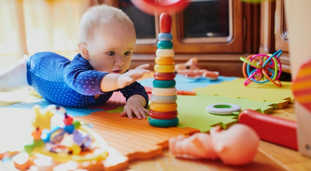 Introduce your baby to different types of toys, including different colors, shapes, and textures.